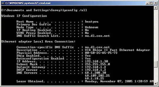 Ipconfig all command - Image