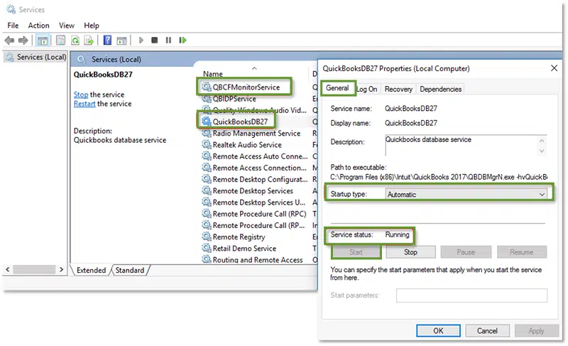 Start QuickBooksDBXX service - Screenshot Image