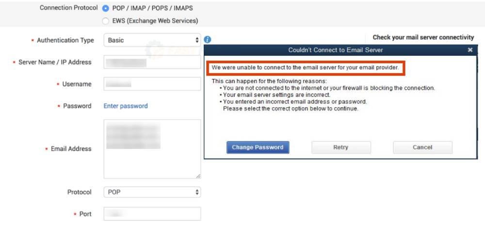 QuickBooks Couldn't connect to the email server - Screenshot Image1
