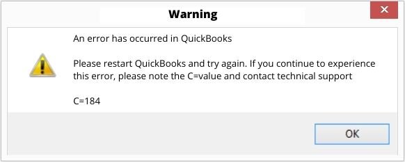QuickBooks error message C=184 - Screenshot Image