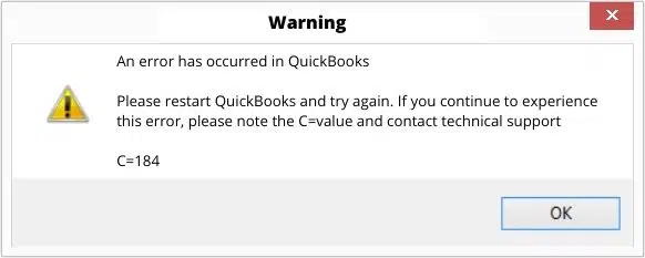 QuickBooks error message C=184 - Screenshot Image