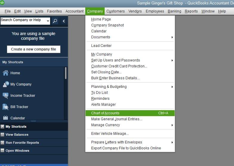 Chart of accounts option - Screenshot