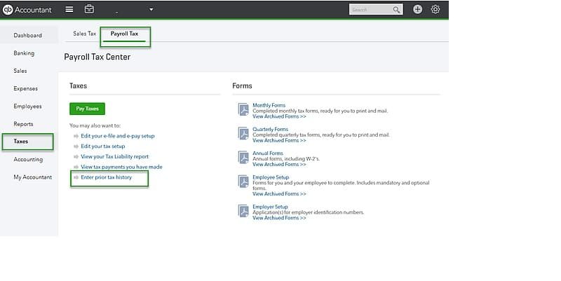 Prior tax history option - Screenshot Image