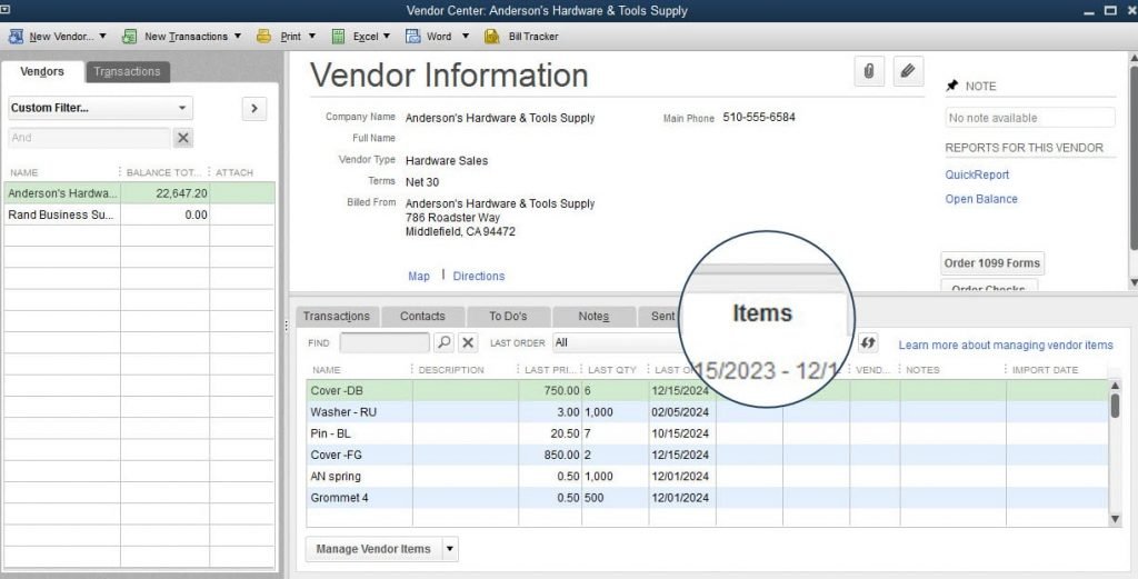 View the Vendor Items - Image