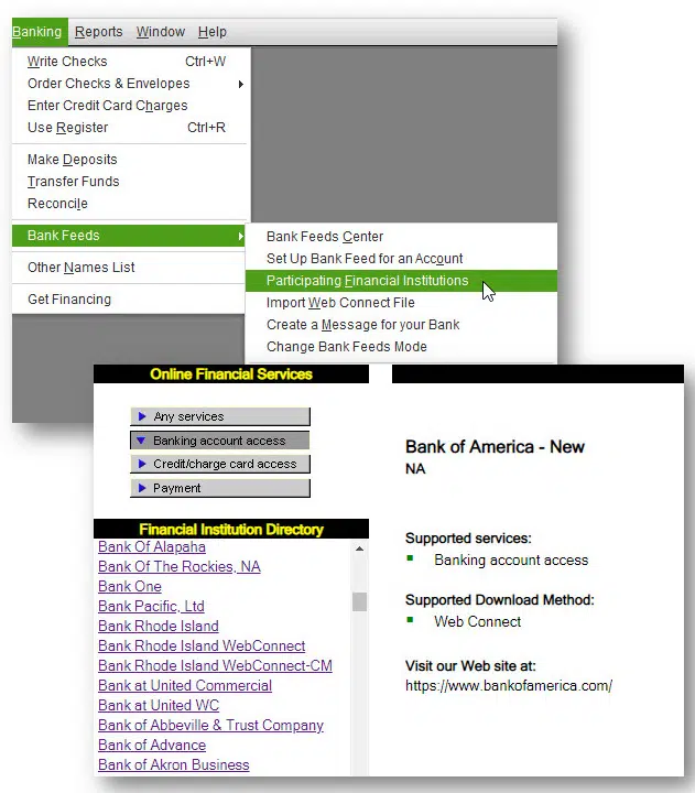 Improved Banking Connectivity – QuickBooks Desktop 2023 QuickBooks Desktop 2023 interface displaying enhanced banking connectivity options for linking and downloading bank transactions.