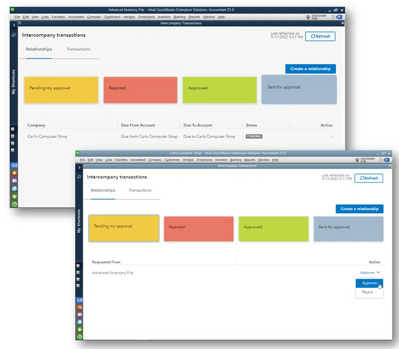 Intercompany File Linking – QuickBooks Desktop 2023 QuickBooks Desktop 2023 screen showing the setup process for linking multiple company files using the same Intuit account for intercompany transactions.