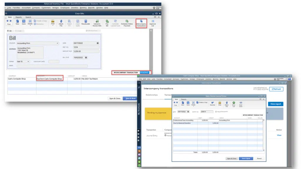 Intercompany Bills & Checks – QuickBooks Desktop 2023 QuickBooks Desktop 2023 window displaying the intercompany bills and checks creation screen for linked company files.
