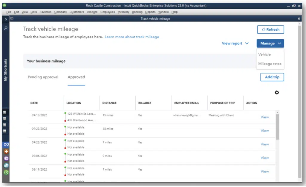 Mileage Data Import – QuickBooks Desktop 2023 QuickBooks Desktop 2023 screen displaying imported and verified vehicle mileage data from the QuickBooks mobile app.
