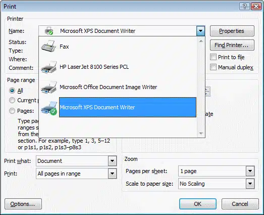 Properties of XPS document writer - Image