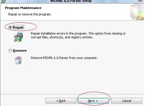 Repairing MSXML - Image