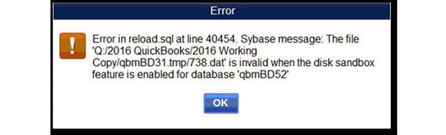 Error in reload.sql in QuickBooks - Image