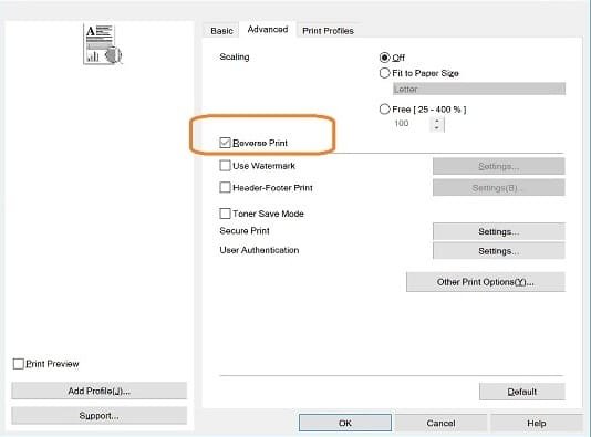 reverse print option